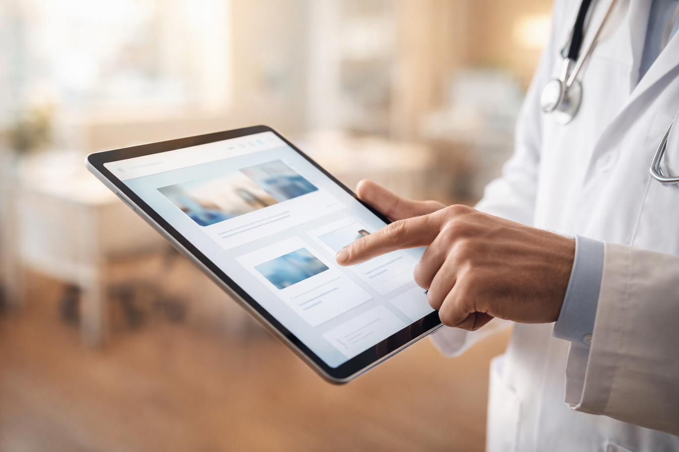 Doctor usando tablet con sitio web profesional