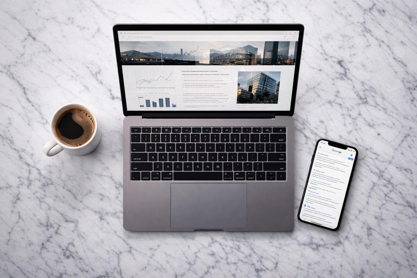 Sitio web profesional en laptop y móvil con resultados de Google