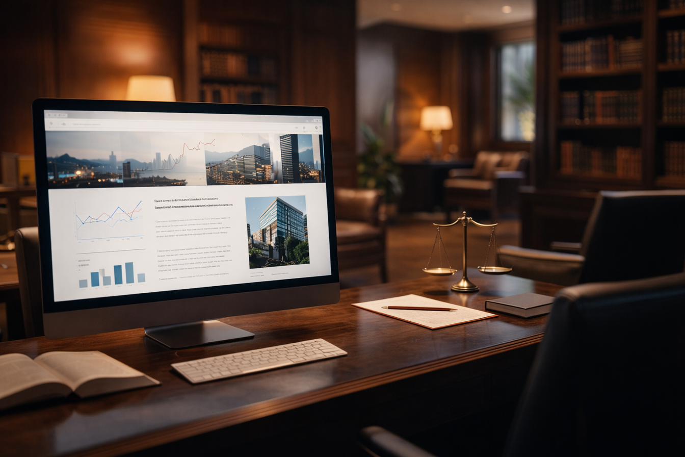 Oficina de abogados con sitio web en pantalla